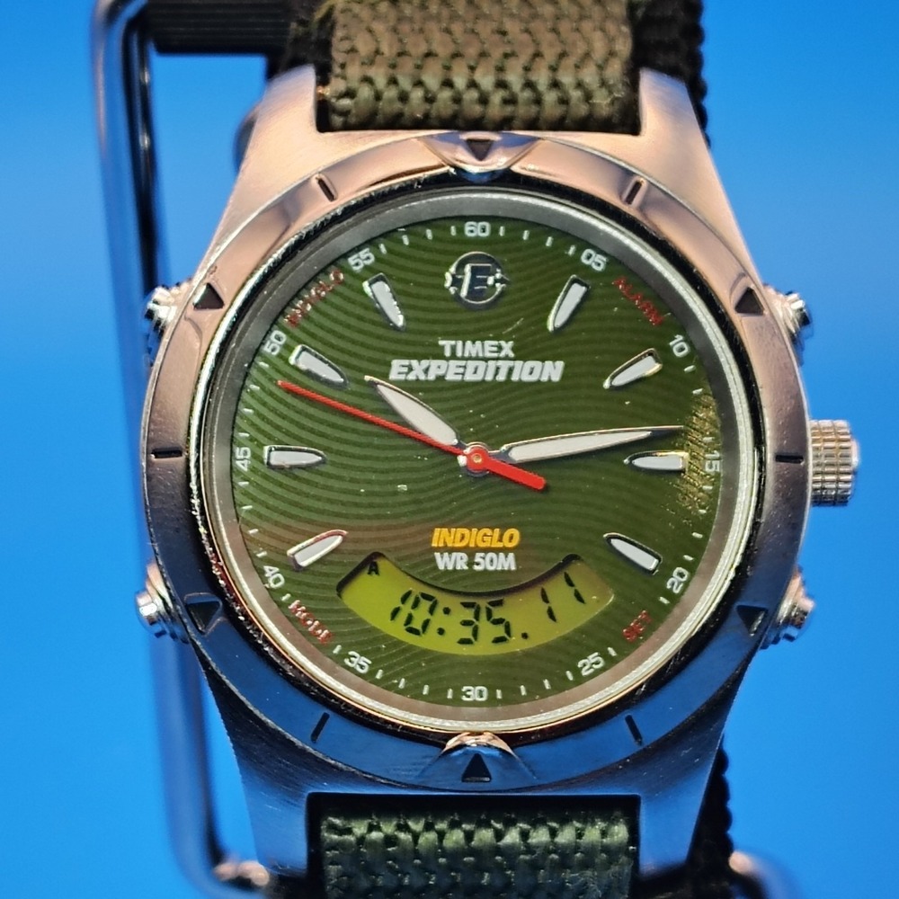 Vintage 2004 Timex Expedition Dual Time Indiglo Ani-Digi Mens Quartz Field Watch